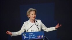 European Commission President Ursula von der Leyen speaks during the closing ceremony of the EU summit at the Alfandega do Porto Congress Center in Porto, Portugal, May 7, 2021.