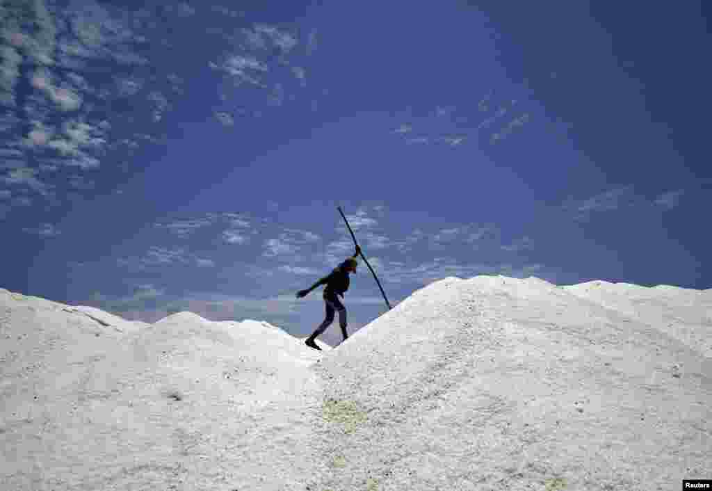 Seorang pria bekerja di sebuang ladang garam di Chennai, India.