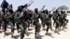 FILE - Hundreds of newly trained al-Shabab fighters perform military exercises in the Lafofe area some 18 km south of Mogadishu, in Somalia. 