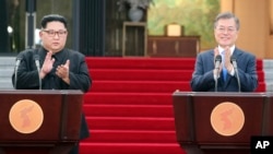 지문재인 한국 대통령과 김정은 북한 국무위원장이 지난 4월 판문점 정상회담을 마치고 '판문점선언'을 발표했다.