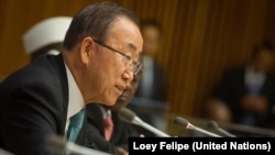 United Nations Secretary-General Ban Ki-moon addresses journalists at the U.N.General Assembly in New York.