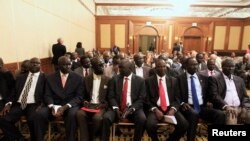 Members of South Sudan's rebel delegation are seen at the opening ceremony of peace talks in Ethiopia's capital Addis Ababa, Jan. 4, 2014.