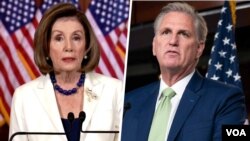 کوین مک‌کارتی (راست) رهبر اقلیت جمهوری‌خواهان مجلس نمایندگان و نانسی پلوسی، رئیس مجلس نمایندگان