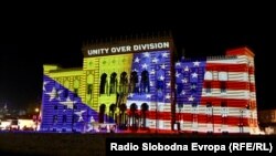 Bosnia -- Sarajevo City Hall lit up in honor of US president elected Joe Biden, November 8, 2020, Sarajevo