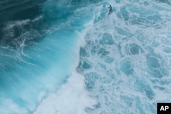 A surfer rides a wave in Teahupo'o, Tahiti, French Polynesia, Saturday, Jan. 13, 2024. The world-famous surf spot is set to host the 2024 Paris Olympics surfing competition. (AP Photo/Daniel Cole)