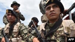 Peruvian military and police get ready during the 'Mercury' joint operation against illegal mining, Feb. 19, 2019, in the Amazon jungle over the river basin of the Madre de Dios region, in southeast Peru.