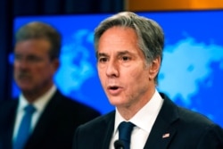 Secretary of State Antony Blinken speaks about the release of the 2021 Congressional Report Pursuant to the Elie Wiesel Genocide and Atrocities Prevention Act at the State Department in Washington, July 12, 2021.