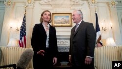 미국을 방문 중인 페데리카 모게리니 유럽연합 외교담당 고위 대표(왼쪽)가 9일 렉스 틸러슨 미국 국무장관과 워싱턴 국무부에서 만났다.