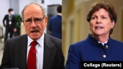合成资料照片:美国参议院外交委员会主席、共和党参议员里施(左)和委员会资深成员、民主党参议员沙欣。