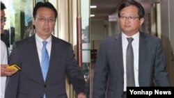 정병원 외교부 동북아시아국장(오른쪽)과 가나스기 겐지 일본 외무성 아시아대양주국장이 국장급 협의를 위해 9일 오전 서울 외교부 청사로 들어서고 있다. 