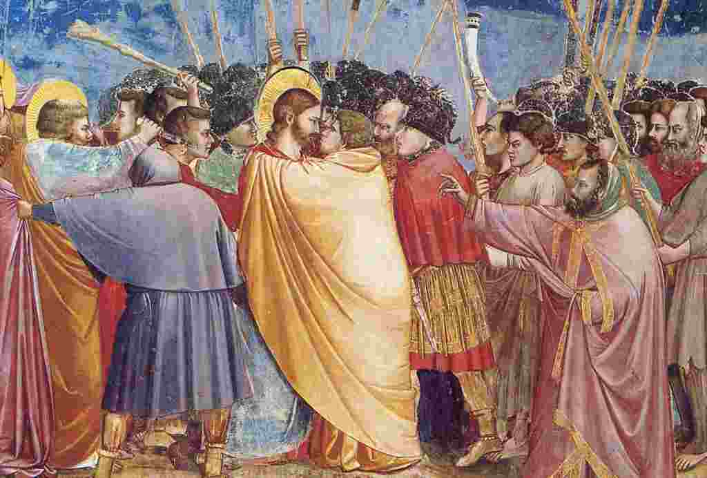 იუდას კოცნა - დათარიღებულია ახალი წელთაღრიცხვის პირველი საუკუნით მათესა და მარკოზის სახარებაში გადმოცემულია მომენტი, როცა იუდა ღალატობს იესოს. ნახატი აღწერს მომენტს, როდესაც იუდა კოცნის იესოს, მაშინ როცა მან ის გასცა და სასიკვდილოდ გაიმეტა.