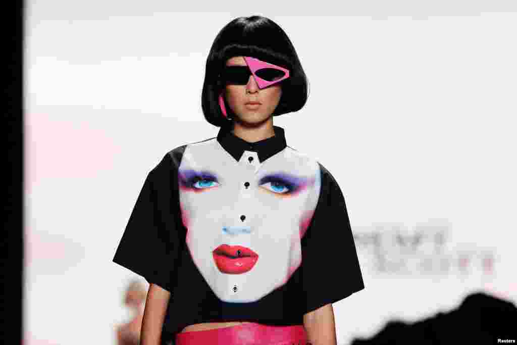 A model presents creations of the Jeremy Scott Spring/Summer 2017 collection, during New York Fashion Week in the Manhattan borough of New York, Sept. 12, 2016.