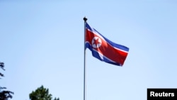 在瑞士日内瓦飘扬的朝鲜国旗（资料照片）