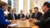 In a revived European push to bring peace to eastern Ukraine, (L-R), German Chancellor Angela Merkel, Russian President Vladimir Putin, Ukrainian President Petro Poroshenko and French President Francois Hollande are seen meeting in Paris, France, Oct. 2, 2015.