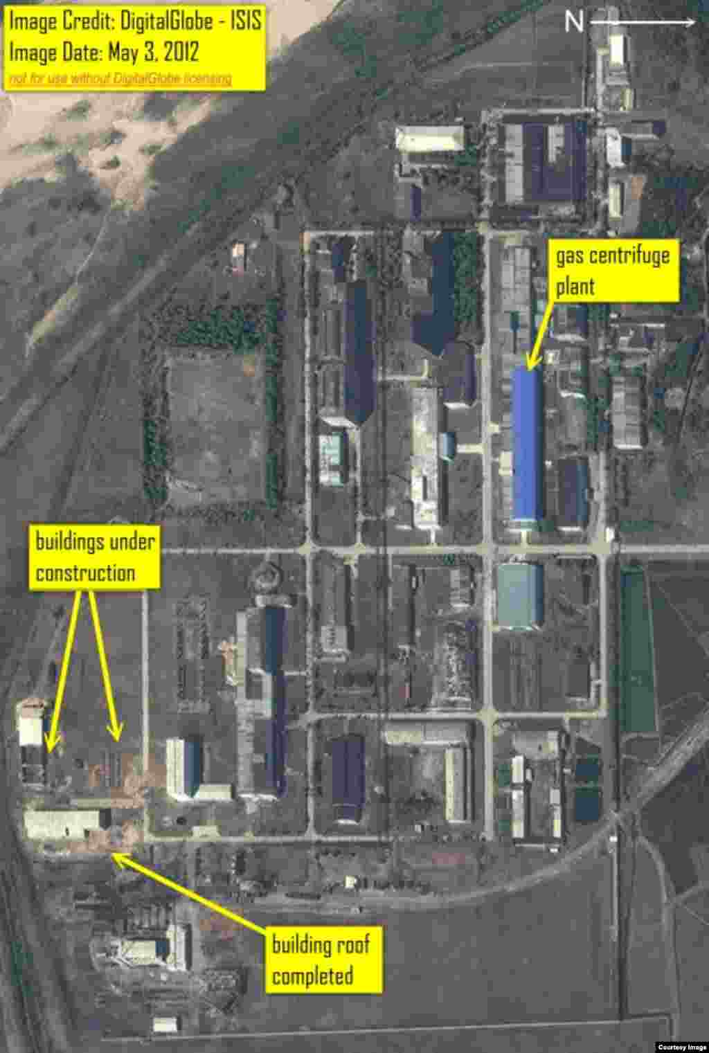 Digital Globe imagery from May 3, 2012 showing building construction in what is the south eastern corner of the fuel fabrication facility.