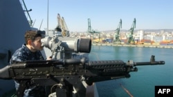 U.S. Navy destroyer "USS Truxtun" in the Bulgarian Black Sea port of Varna as part of a joint military training with Romanian and Bulgarian forces, March 15, 2014.