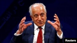US envoy for peace in Afghanistan Zalmay Khalilzad speaks during a debate at Tolo TV channel in Kabul, Afghanistan, April 28, 2019. 