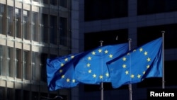 欧盟(EU)的旗帜在比利时布鲁塞尔欧盟委员会总部外飘扬。