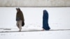 An Afghan couple walk through the snow in the courtyard of the the famous Blue Mosque in Mazar-i-sharif, Nov 24, 2016.