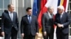 FILE - From left, Russia Foreign Minister Sergei Lavrov, Ukraine Foreign Minister Pavlo Klimkin, France Foreign Minister Jean-Marc Ayrault and German Foreign Minister Frank-Walter Steinmeier gather before talks in Berlin, Germany, May 11, 2016. 
