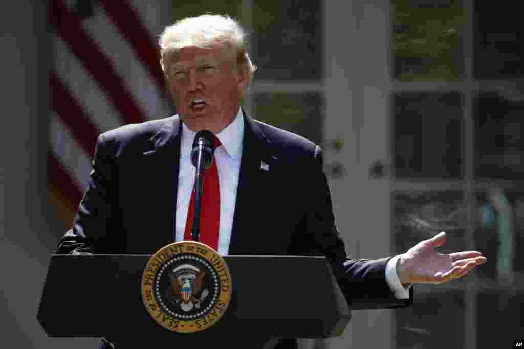 Après avoir annoncé le retrait des États-Unis, le président Donald Trump parle du rôle de son gouvernement dans l&#39;accord sur les changements climatiques de Paris, Washington, le 1er juin 2017,