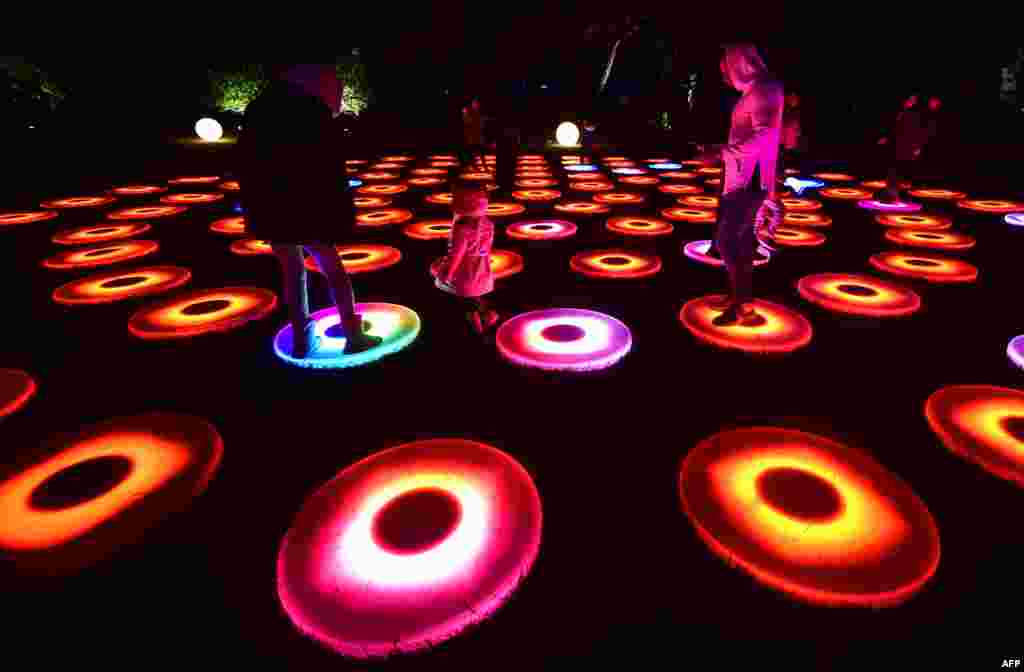 Para pengunjung menikmati permainan cahaya di taman botani Descanso di La Canada Flintridge, California, AS.