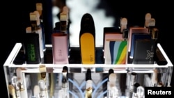 FILE PHOTO: Vaping pen devices are displayed at The Cannabis World Congress & Business Exposition (CWCBExpo) trade show in New York City, New York, U.S., May 30, 2019. REUTERS/Mike Segar/File Photo