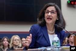 FILE -President of Columbia University Nemat Shafik testifies before the House Committee on Education and the Workforce hearing on Capitol Hill in Washington, Wednesday, April 17, 2024. (AP Photo/Mariam Zuhaib, File)