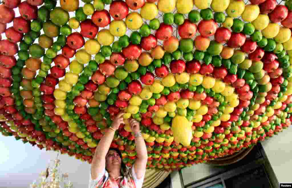 Seorang perempuan Yahudi dari sekte Samaritan mendekorasi gubuk traditional yang disebut &quot;sukkah&quot; dengan sayuran dan buah-buahan di Mount Gerizim, Nablus, Tepi Barat.