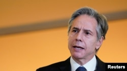 2022年2月1日，美国国务卿布林肯在国务院发表讲话。