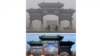 FILE - Cyclists ride past a traditional Chinese gateway during a day murky from fog and pollution in Beijing, on Oct. 26, 2007, top, and the same location on Feb. 5, 2022.