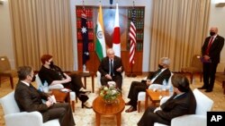 美国国务卿布林肯、澳大利亚外长佩恩、澳大利亚总理莫里森、印度外长苏杰生和日本外相林芳正在墨尔本会谈。(2022年2月11日)