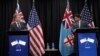 U.S. Secretary of State Antony Blinken, left, speaks in a joint press availability with Fiji acting Prime Minister Aiyaz Sayed-Khaiyum during his visit to Nadi, Fiji, Feb. 12, 2022. 