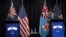 U.S. Secretary of State Antony Blinken, left, speaks in a joint press availability with Fiji acting Prime Minister Aiyaz Sayed-Khaiyum during his visit to Nadi, Fiji, Feb. 12, 2022. 