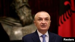 FILE PHOTO: Albanian President Ilir Meta delivers a speech during a news conference in Tirana