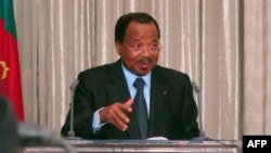 FILE - Cameroon President Paul Biya speaks at the presidential palace in Yaounde.