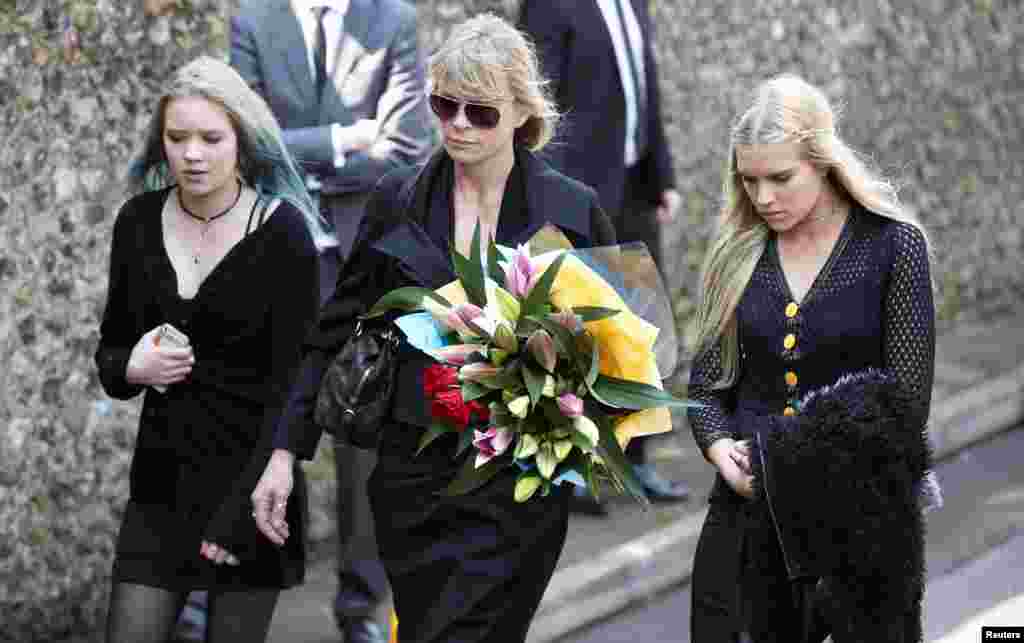 Actress and former model Deborah Leng (C) arrives at the funeral service for Peaches Geldof at the St Mary Magdalene and St Lawrence church in Davington, southeast England. Geldof was found dead at her home on April 7, 2014.