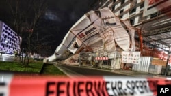 A scaffold has toppled over due to heavy wind in Freiburg, Germany, Feb. 10, 2020. 