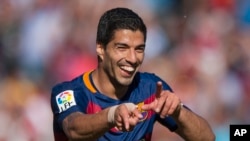 Luis Alberto Suarez célèbre un but marqué dans la Liga (14 mai 2016)