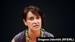 Bosnian journalist Nidzara Ahmetasevic during the talk about Srebrenica genocide at the Center for Cultural Decontamination (CZKD) in Belgrade