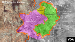 نقشه شهر حلب در شمال سوریه کگه بین نیروهای دولت بشار اسد، گروه های مخالف او، و نیروهای کرد تقسیم شده است
