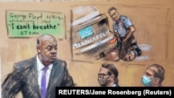 Le procureur Jerry W. Blackwell fait des déclarations préliminaires tandis que l'avocat de la défense Eric Nelson est assis à côté de l'ancien policier de Minneapolis Derek Chauvin. 