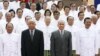 Cambodia's King Norodom Sihamoni, second right, poses for photograph altogether with Hun Sen, right, Cambodian Prime Minister, Chea Sim, second left, Cambodia Senate President, Heng Samrin, left, Cambodian National Assembly President, in front of the National Assembly in Phnom Penh, Cambodia, Wednesday, Sept. 24, 2008. Cambodia's newly elected lower house of parliament held its inaugural session Wednesday, ushering in a new era of sweeping power of Prime Minister Hun Sen's ruling party in the impoverished Southeast Asian nation. (AP Photo/Heng Sinith)
