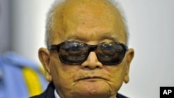 Khmer Rouge "Brother Number Two" Nuon Chea attends a public hearing at the Extraordinary Chambers in the Courts of Cambodia, on the outskirts of Phnom Penh, October 19, 2011.