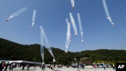 지난 2014년 10월 한국 내 탈북자 단체들이 경기도 파주에서 대북전단을 매달은 풍선을 북한으로 날려보내고 있다.