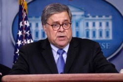 Attorney General William Barr speaks about the coronavirus in the James Brady Briefing Room, March 23, 2020, in Washington.
