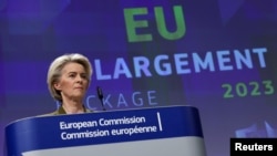 EU executives hold a press conference on Ukraine's progress towards membership in Brussels