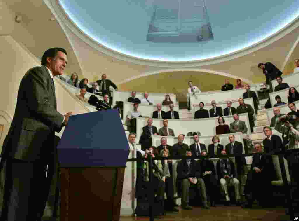 Massachusetts Gov. Mitt Romney addresses a gathering regarding electronic medical records at the Ether Dome at Massachusetts General Hospital in Boston, December 6, 2004.