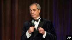 Reform U.K. leader Nigel Farage speaks during the New York Young Republican Club's annual gala on Dec. 15, 2024, in New York. Farage says he has met with billionaire Elon Musk to discuss a potential $100 million donation to his far-right party.