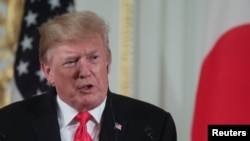 特朗普总统2019年5月27日在东京与日本首相安倍晋三举行联合记者会上讲话。
